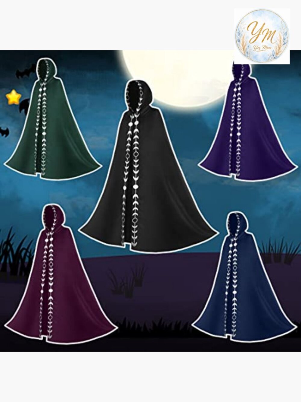 Unisex Moon Phases Hooded Cape Medieval Renaissance Long Cloak Witch Cosplay - Picture 3 of 4